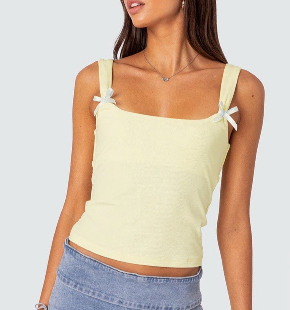 edikted Lola Bow Rib Tank Top Sz XS Pastel Yellow Crop Romantic Dreamy Dainty